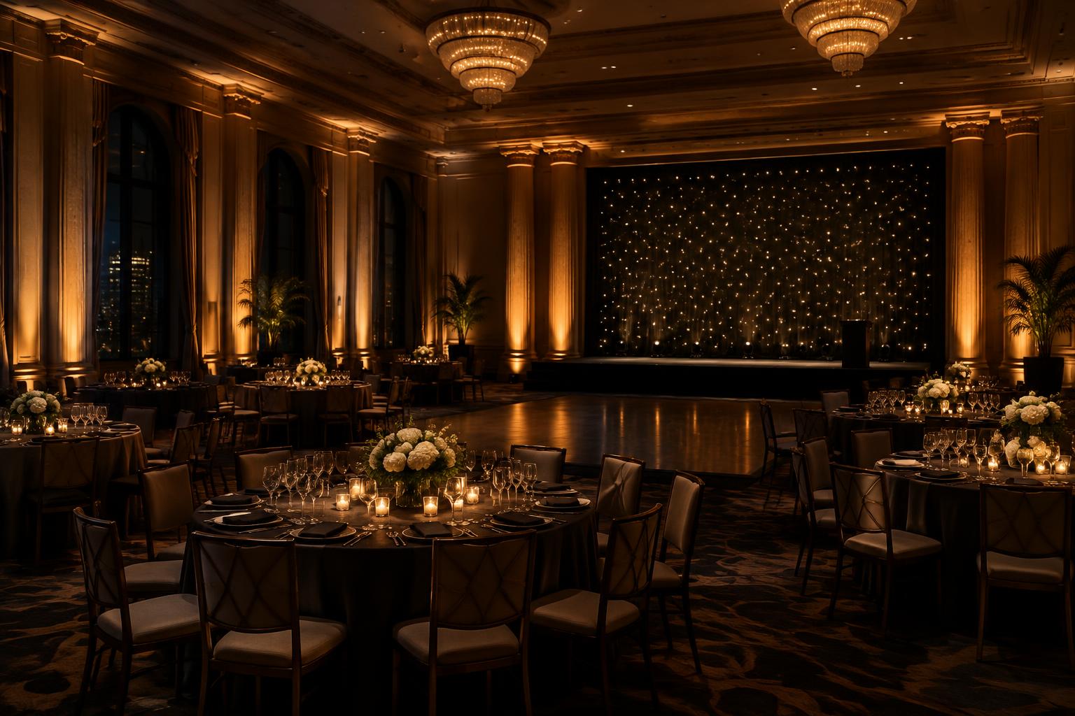 Concept rendering of warm architectural uplighting on ballroom columns with a starcloth stage backdrop